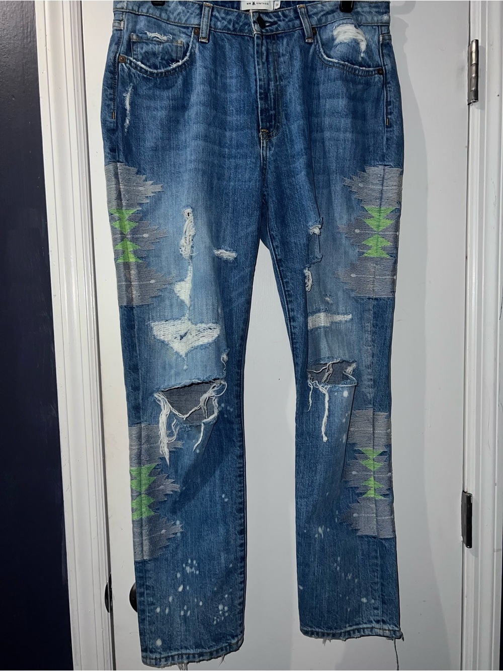 Distressed Boyfriend Jeans with Green Accent Panels - Women